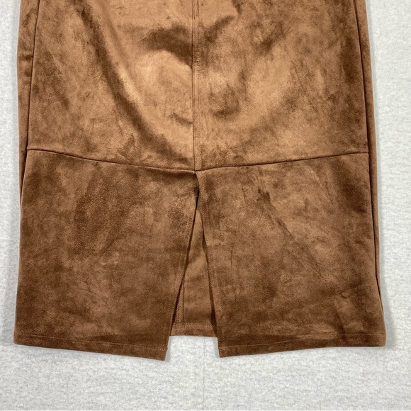 Falls Creek Faux Suede Midi Skirt Women's 8 Brown Front Slit Pockets Elegant NWT - Picture 4 of 14